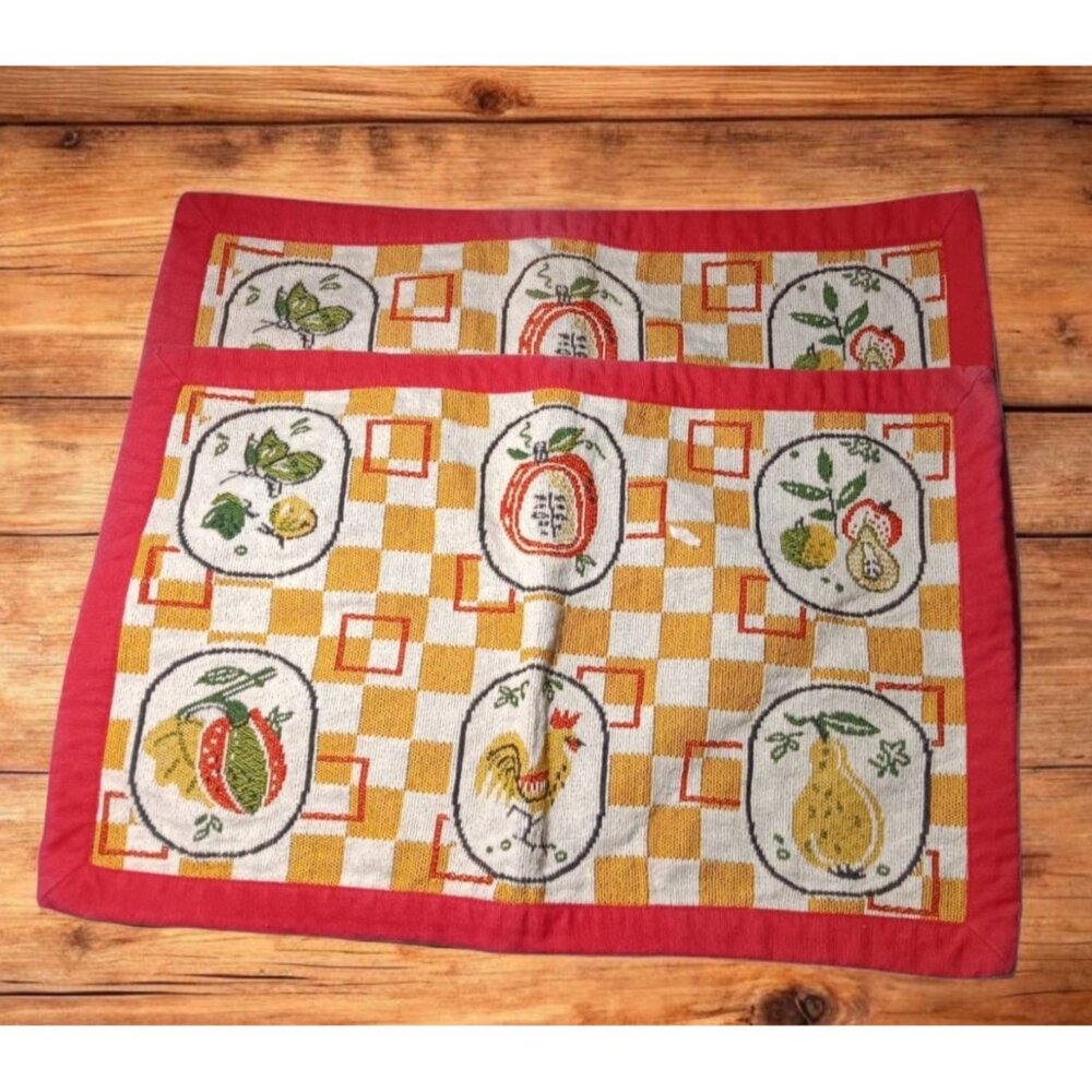Vintage 1970s Tapestry Mid Century Check Chicken Fruit Fabric Placemats 2 ct